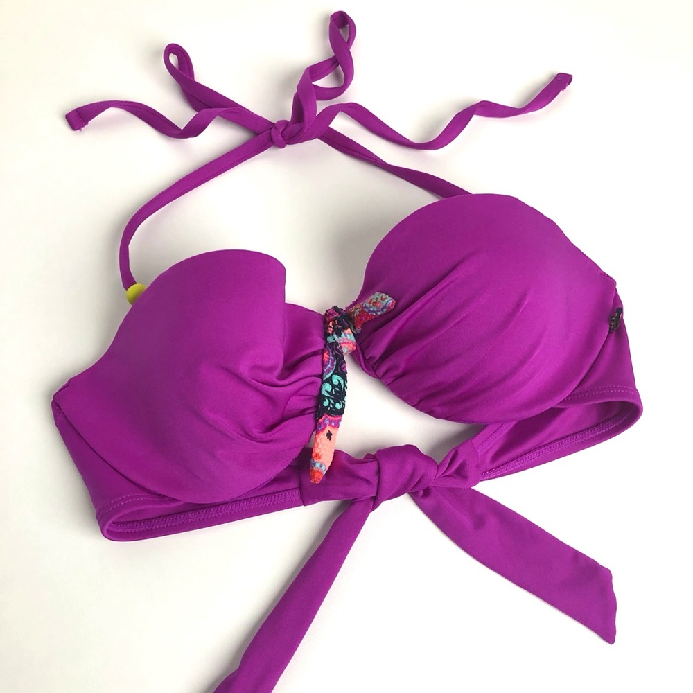 Aqua Fuchsia Push-Up Bikini Top with Patterned Knot